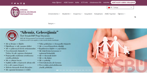 Ankara Sosyal Bilimler Üniversitesi homepage with a project announcement titled 'Ailemiz, Geleceğimiz' and thematic research areas listed