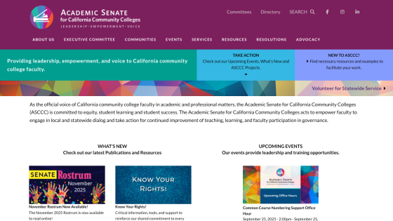 Academic Senate for California Community Colleges homepage with leadership message, navigation menu, and upcoming events