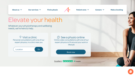 Physiotherapy service homepage with options to visit a clinic or see a physio online, plus navigation menu and Trustpilot rating