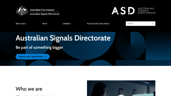 Australian Signals Directorate homepage with navigation, search, and a call to explore career opportunities