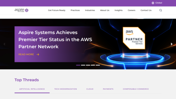 Aspire Systems homepage highlighting AWS Premier Tier Partner status with navigation menu and top threads categories