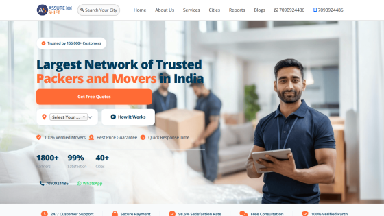 Homepage of a packers and movers service in India with a call to action for free quotes and service highlights
