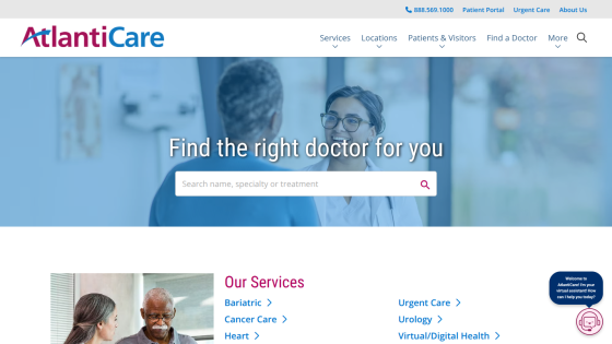 Healthcare website homepage with doctor search feature and list of medical services