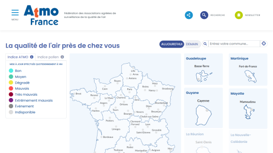 Air quality map of France with color-coded ATMO index and regional locations for today