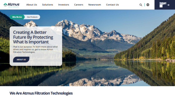 Atmus Filtration Technologies homepage with navigation and hero section about protecting what is important.