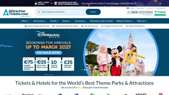 Homepage for AttractionTickets.com featuring theme park tickets and hotel bookings.