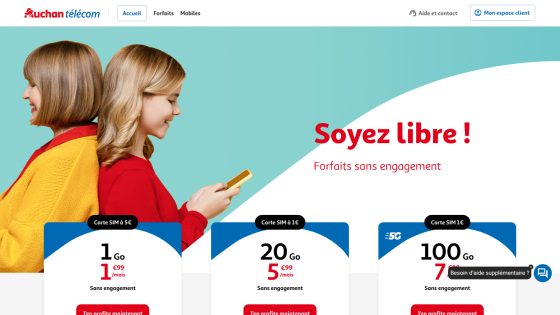 Auchan telecom homepage with mobile plans pricing and slogan 'Soyez libre ! Forfaits sans engagement'