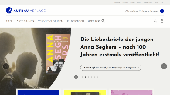 Book publisher Aufbau Verlage homepage featuring young Anna Seghers' love letters published after 100 years