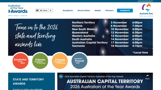 Australian of the Year Awards homepage with 2026 state and territory awards live schedule and nomination options