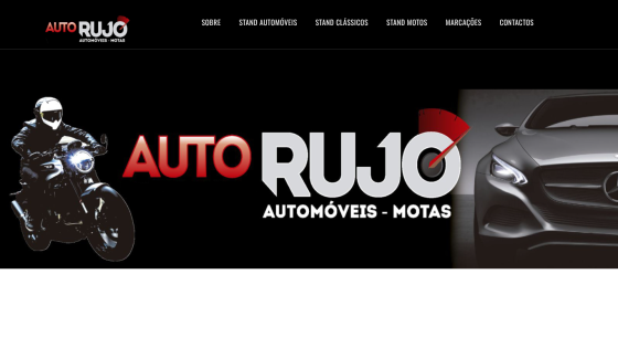 Auto Rujo website header with navigation and hero section showing a motorcycle, logo, and front of a car