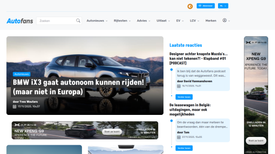 Autofans homepage with BMW iX3 autonomous driving news, latest reactions, and XPENG G9 electric car ads