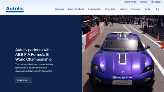 Autoliv's partnership announcement with ABB FIA Formula E, featuring a purple safety car.