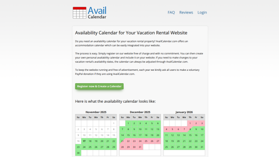 Avail Calendar homepage offering a free availability calendar for vacation rental websites with registration button and sample calendar display