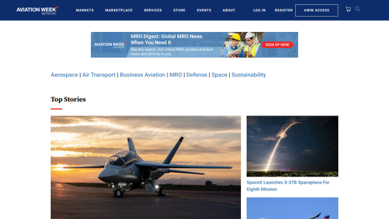 Aviation Week homepage featuring top stories and images related to aerospace.