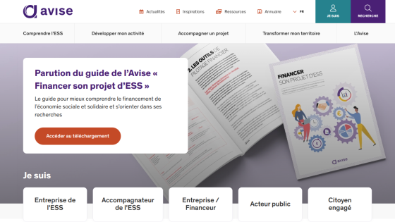Website promoting a guide to financing social and solidarity economy projects with download button and user category options.