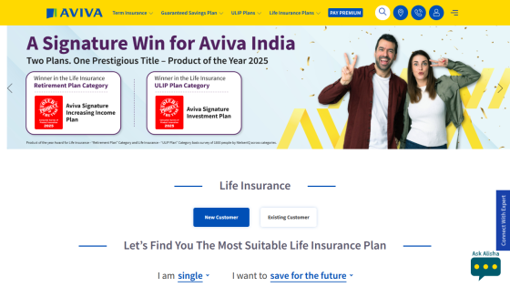 Aviva India life insurance homepage featuring award-winning plans and options for new and existing customers