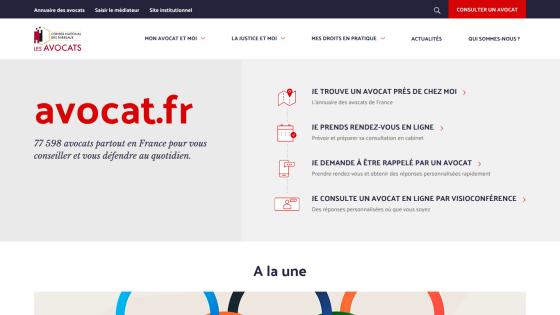 Homepage of avocats.fr featuring services for legal assistance and online consultations.