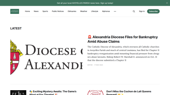 Local news site Avoyelles Publishing with headline on Alexandria Diocese bankruptcy amid abuse claims