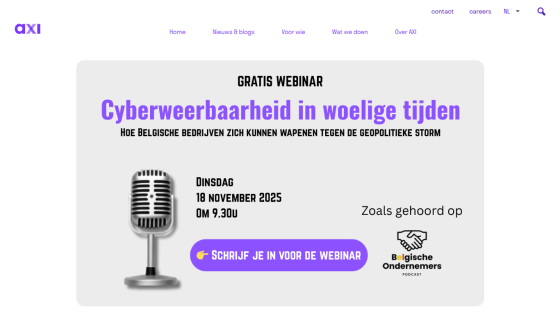 Free webinar on cybersecurity resilience for Belgian companies on November 18, 2025, with registration button and podcast mention.