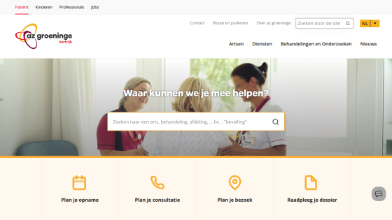 Hospital website homepage with search bar asking how they can help and options to plan admission, consultation, visit, or consult dossier