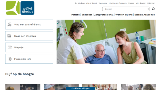 Hospital website header with navigation links and a hero image showing a nurse and visitor attending to a patient in a hospital bed