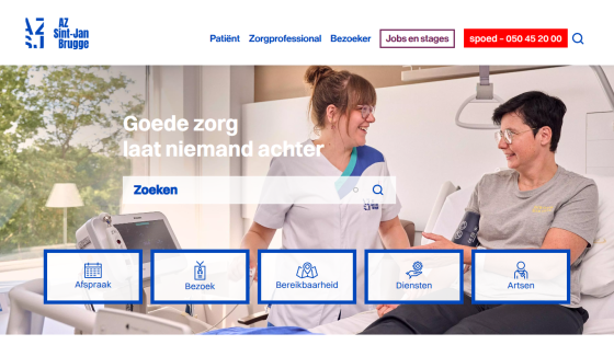 Hospital website with nurse checking patient's blood pressure and navigation for appointments, visits, accessibility, services, and doctors