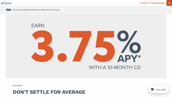 Bank homepage showing 3.75% APY with a 10-month CD and FDIC insurance notice