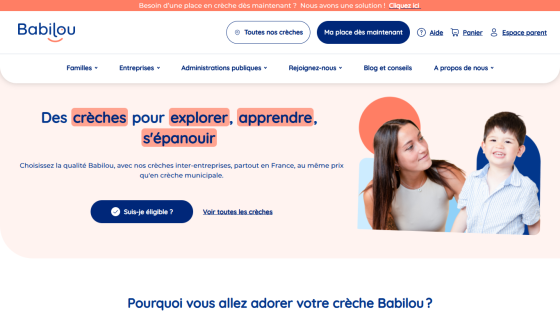 Babilou homepage offering crèches for exploring, learning, and flourishing with eligibility check and crèche listings