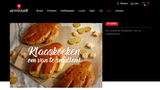 Bakery website header with navigation and hero image promoting Klaaskoeken pastries for enjoying