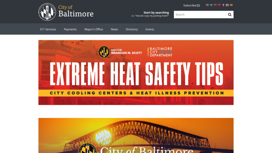 City of Baltimore website featuring extreme heat safety tips and cooling center information.
