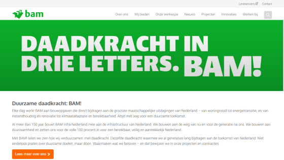 BAM website with green hero banner stating 'DAADKRACHT IN DRIE LETTERS. BAM!' and introduction about sustainable construction in Dutch