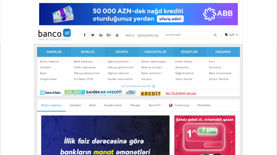 Banco.az homepage with navigation menu, search bar, social icons, and news categories in Azerbaijani language