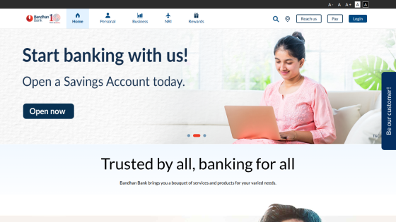 Banking website promoting savings account with a call to action.
