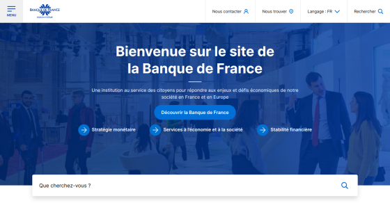 Homepage of Banque de France with welcome message and service options.