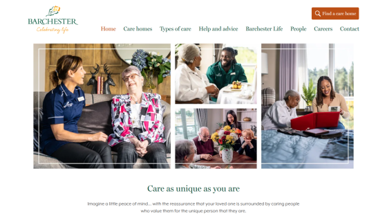 Barchester care home website with navigation and images of caregivers and elderly residents, plus tagline about unique care
