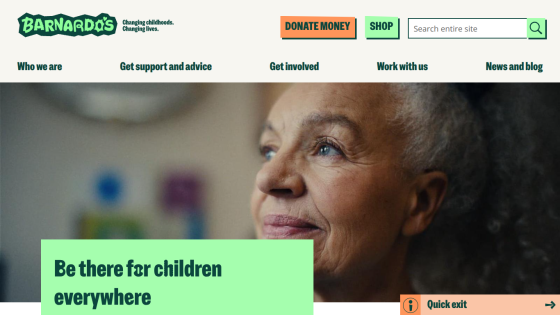 Homepage of Barnardo's featuring a woman and the text 'Be there for children everywhere.'