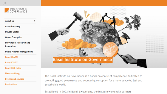 Basel Institute on Governance homepage with navigation menu and hero section featuring governance-related imagery and introductory text