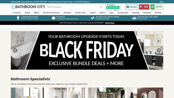 Bathroom City website header with navigation, trust ratings, and a clearance sale banner offering up to 90% off big brands