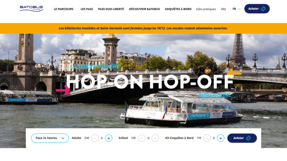 Hop-on hop-off Seine river cruise ticket options with Paris cityscape and Eiffel Tower in background