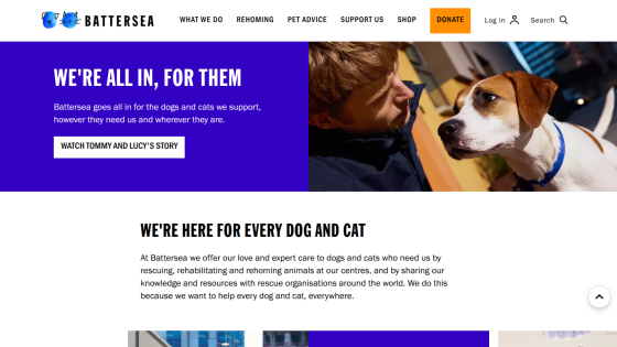 Battersea's homepage featuring a dog and a person, with a call to action to watch a story.