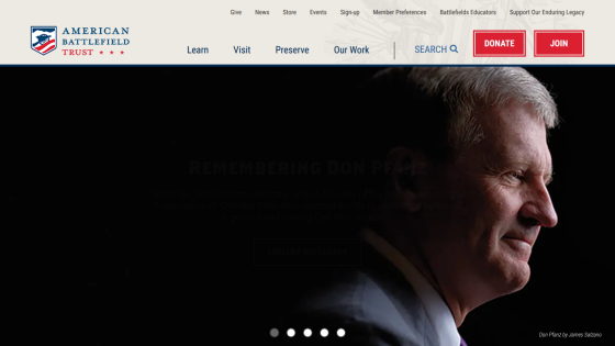 Homepage of American Battlefield Trust featuring a tribute to Don P. Smith.