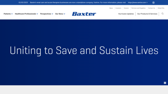 Baxter's website header with the slogan 'Uniting to Save and Sustain Lives.'