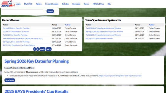 BAYS soccer website with navigation links, news articles, sportsmanship awards, and spring 2026 key dates for planning