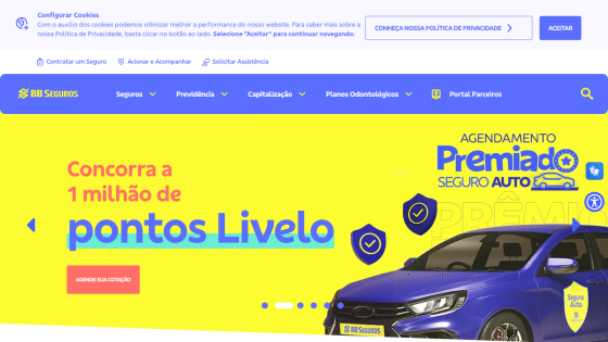 BB Seguros homepage with insurance options and promotion for Livelo points contest, featuring a blue car image
