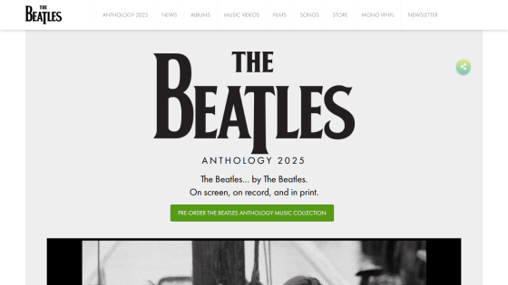 The Beatles Anthology 2025 promotion with pre-order button and navigation menu