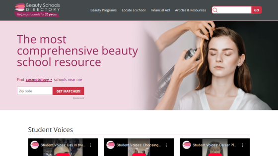 Beauty Schools Directory homepage with search for cosmetology schools and a woman getting hair styled