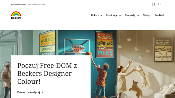 Homepage of Beckers featuring a family scene with basketball and dogs, promoting Beckers Designer Colour