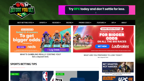 Sports betting tips website featuring promotions for bigger odds and form tools in punting, with navigation menu and responsible gambling message
