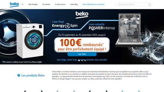 Beko homepage showing washing machine and dishwasher with promotion for 100€ cashback from Sept 15 to Nov 15, 2025