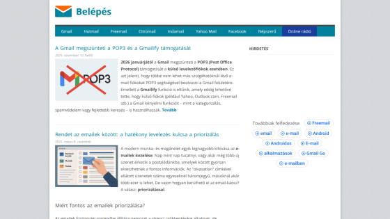 Hungarian email news site with articles on Gmail ending POP3 support and email prioritization tips